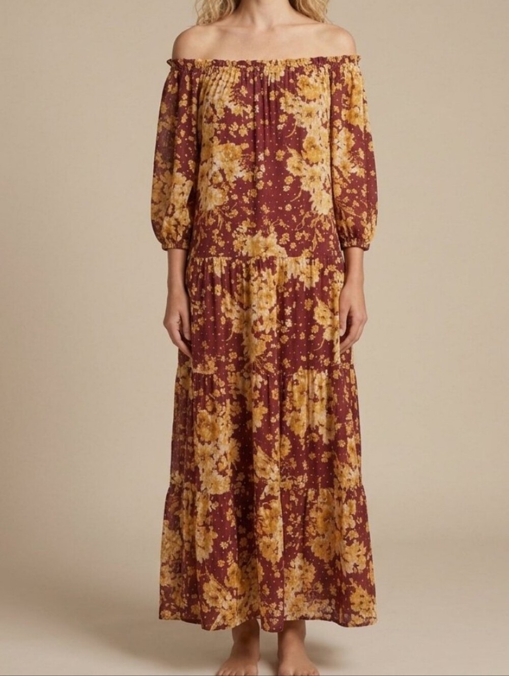 Auguste The Label Boho Off-shoulder Long Floral Dress, Burgundy Yellow Flowers M